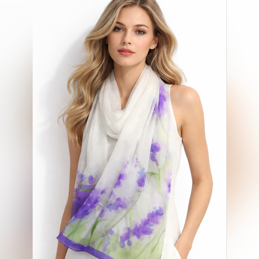 Vintage Silk Organza Watercolor Floral Scarf Sheer Lavender Green Wrap